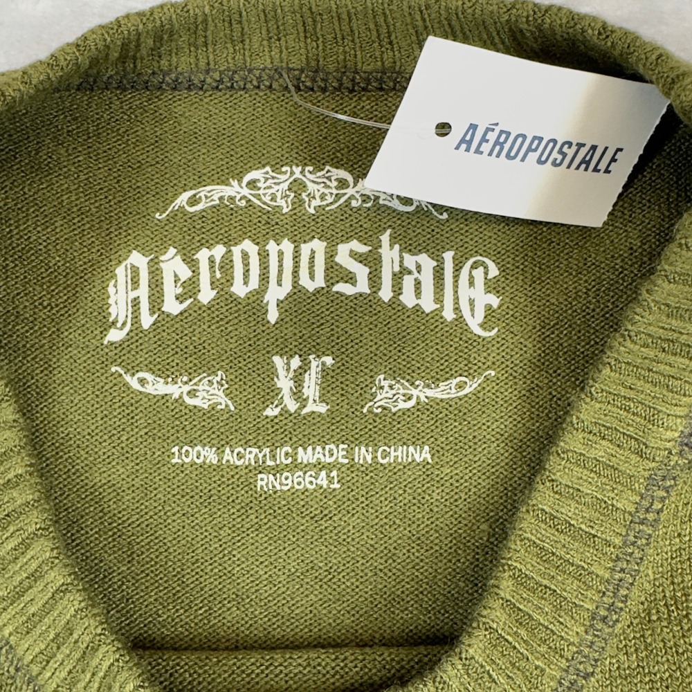 Aeropostale Sweater Mens XL Green Crew Neck Raglan Sleeve Solid Knit Pullover